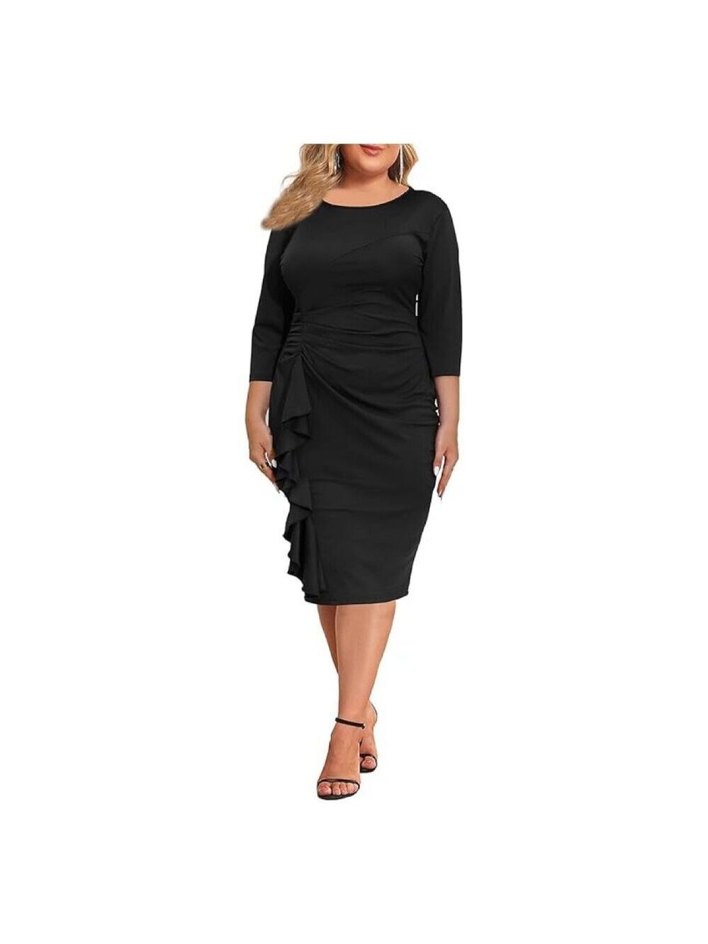 Curvy Women Plus Size 3/4 Sleeve Bodycon Fit Ruffle Midi Pencil Dress 3XL NWOT